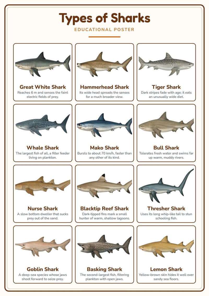 Load image into Gallery viewer, Types of Sharks: A4 Matte Laminated Educational Poster Print - 210x297mm-1
