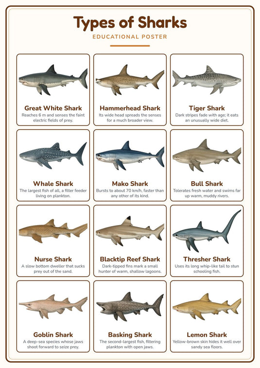Types of Sharks: A4 Matte Laminated Educational Poster Print - 210x297mm-0