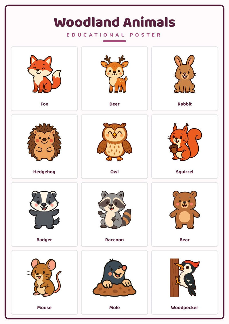 Load image into Gallery viewer, Woodland Animals: A4 Matte Laminated Educational Poster Print - 210x297mm-0
