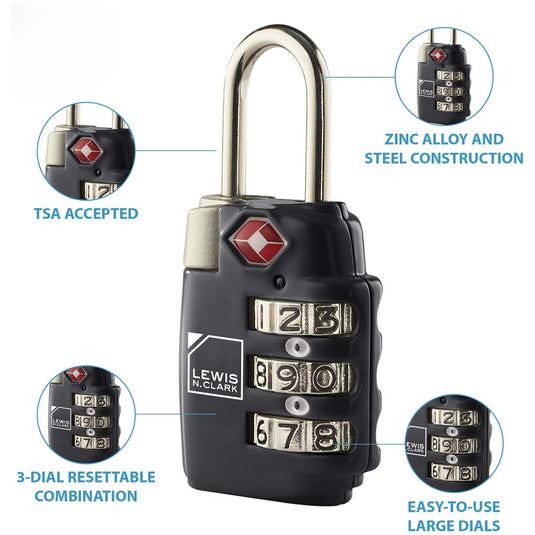 1x Lewis N Clark TSA Combi Lock Travel Luggage Padlock - Black-4