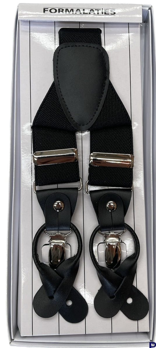 Mens Premium Convertible Suspenders Braces Clip On Elastic Y-Back Traditional Leather Tab - Black-1
