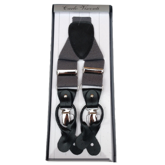 Mens Premium Convertible Suspenders Braces Clip On Elastic Y-Back Traditional Leather Tab - Dark Grey-1