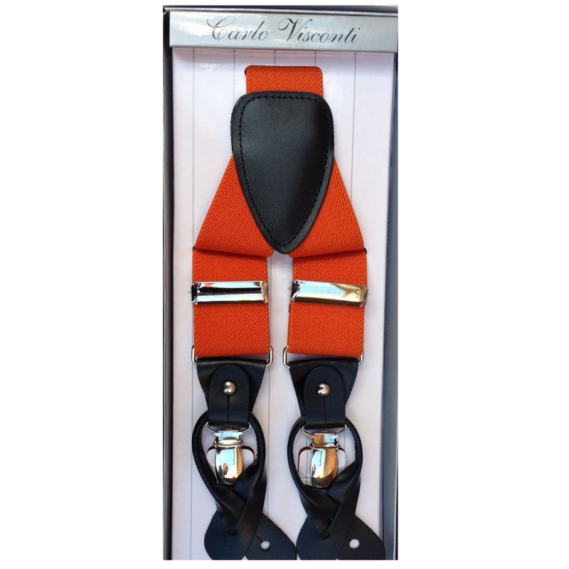 Load image into Gallery viewer, Mens Premium Convertible Suspenders Braces Clip On Elastic Y-Back Traditional Leather Tab - Orange-1
