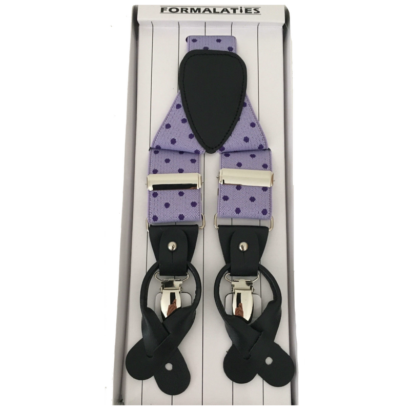 Load image into Gallery viewer, Mens Premium Convertible Suspenders Braces Clip On Elastic Y-Back Traditional Leather Tab - Polka Lilac/Purple-1
