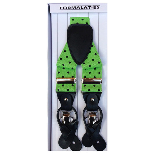 Mens Premium Convertible Suspenders Braces Clip On Elastic Y-Back Traditional Leather Tab - Polka Lime/Black-1