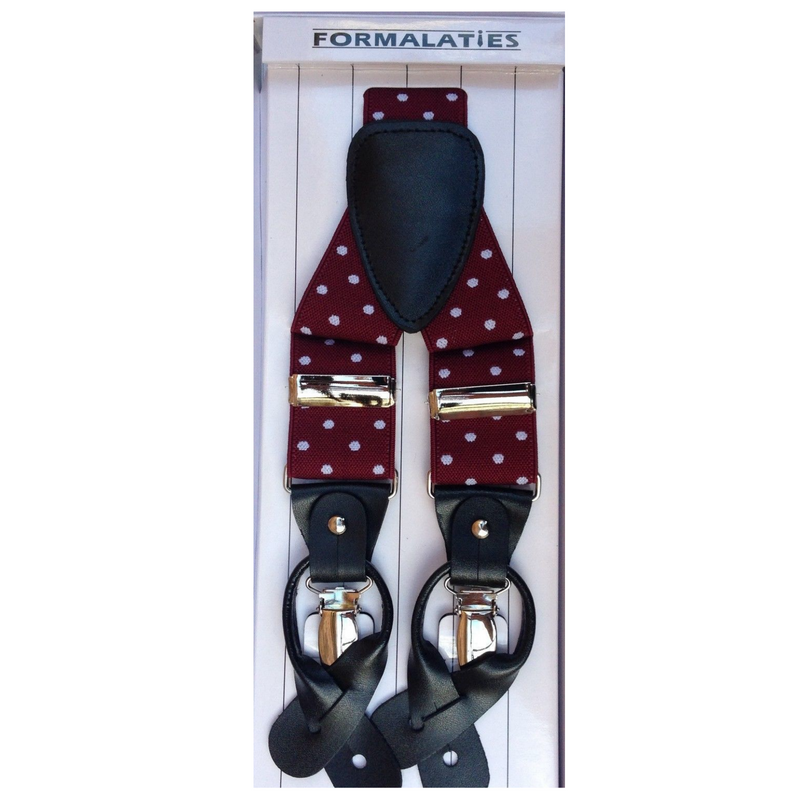 Load image into Gallery viewer, Mens Premium Convertible Suspenders Braces Clip On Elastic Y-Back Traditional Leather Tab - Polka Wine/White-1
