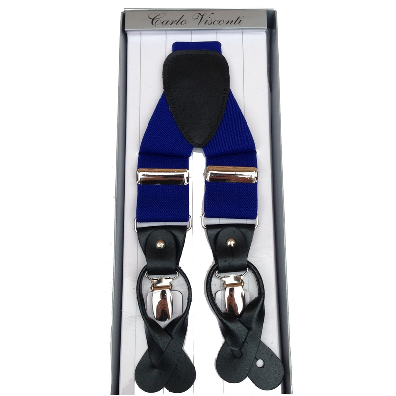 Load image into Gallery viewer, Mens Premium Convertible Suspenders Braces Clip On Elastic Y-Back Traditional Leather Tab - Royal Blue-0
