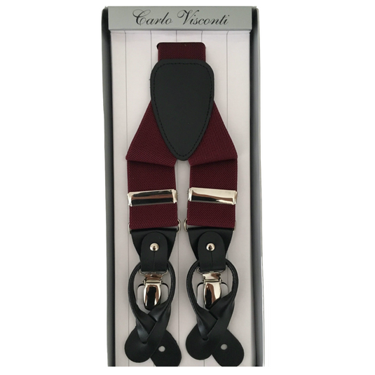 Mens Premium Convertible Suspenders Braces Clip On Elastic Y-Back Traditional Leather Tab - Wine-1
