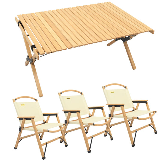 3 Chairs & 1 Table Set Bamboo Camping Folding Portable Outdoor Picnic Travel BBQ-0