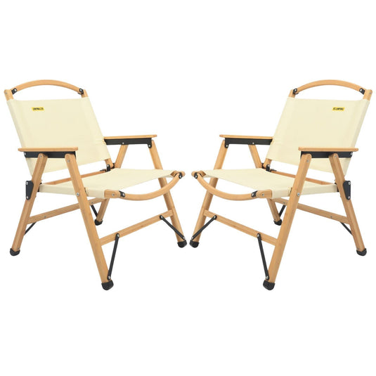 2x Bamboo Canvas Foldable Outdoor Camping Chair Wooden Picnic Park - Khaki/Beige-0