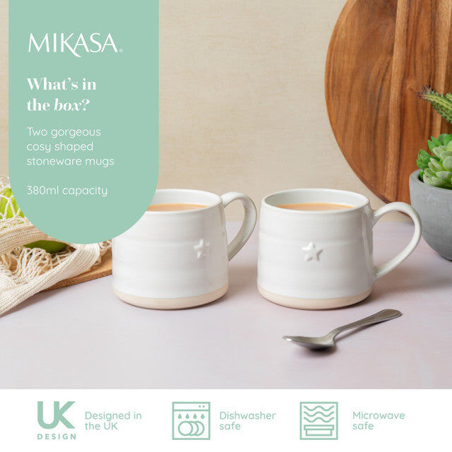 Load image into Gallery viewer, Mikasa Farmhouse Star Stoneware Mugs 380ml Set of 2 - White Cream-4
