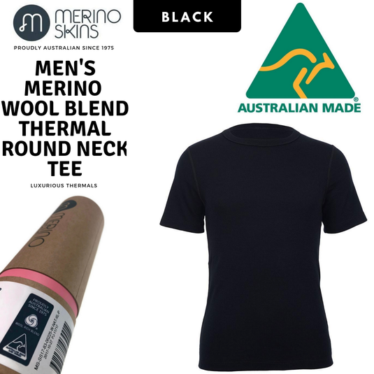MERINO SKINS Mens Classic Crew Neck Tee Wool Thermal T-Shirt Short Sleeve - Black-1