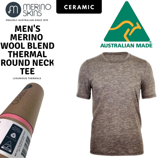 MERINO SKINS Mens Classic Crew Neck Tee Wool Thermal T-Shirt Short Sleeve - Ceramic-1