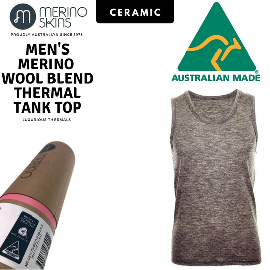 MERINO SKINS Mens Classic Round Neck Tank Singlet Thermal Top - Ceramic-1