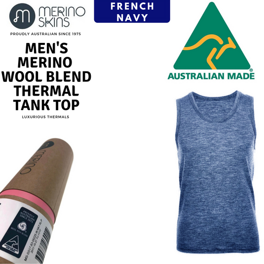MERINO SKINS Mens Classic Round Neck Tank Singlet Thermal Top - French Navy-1