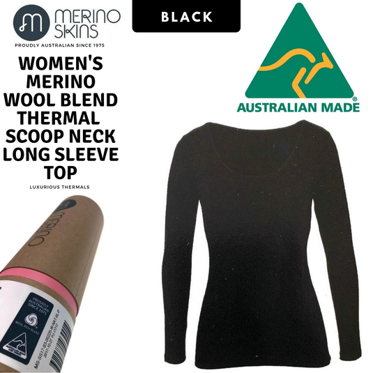 MERINO SKINS Ladies Scoop Neck Long Sleeve Top Thermals - Black-1