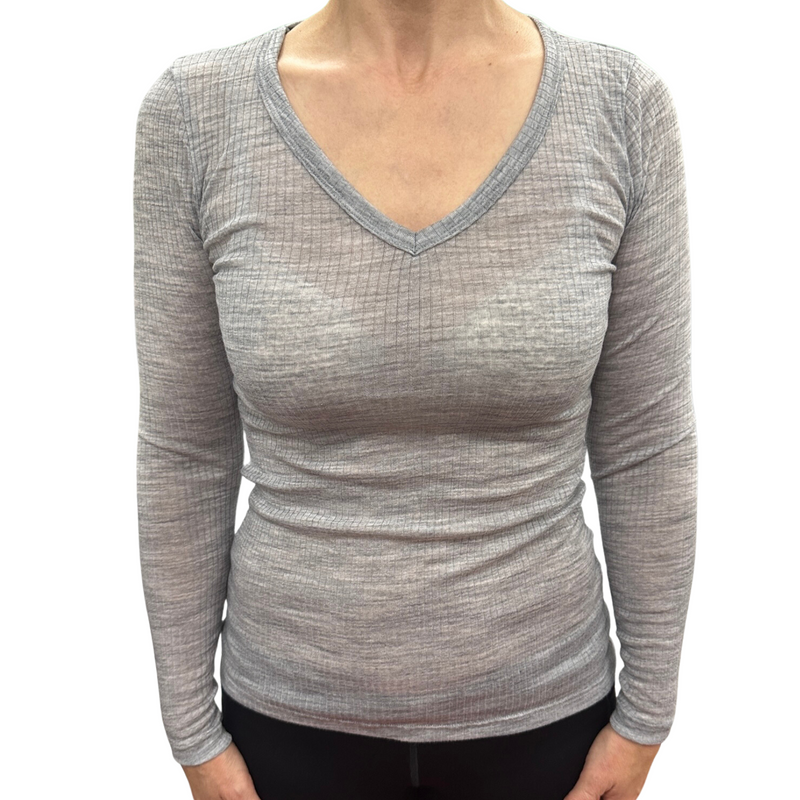 Load image into Gallery viewer, Merino Skins Verona Womens V-Neck Long Sleeve Thermal Underwear Soft Grey Marle-3
