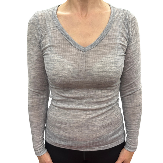 Merino Skins Verona Womens V-Neck Long Sleeve Thermal Underwear Soft Grey Marle-3