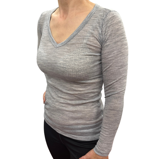 Merino Skins Verona Womens V-Neck Long Sleeve Thermal Underwear Soft Grey Marle-0