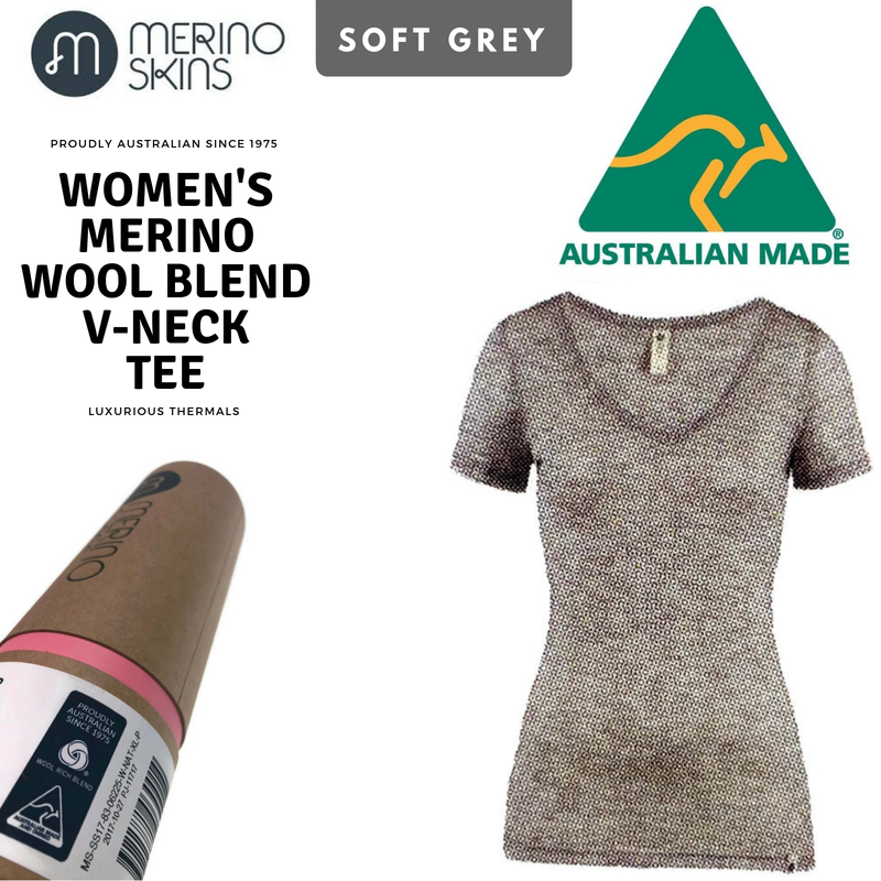 Load image into Gallery viewer, MERINO SKINS Womens Verona V-Neck Tee Thermal Top Wool Blend - Soft Grey-1
