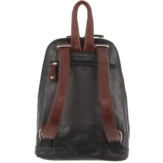 Milleni Ladies Genuine Italian Leather Backpack Bag Twin Zip - Black/Chestnut-2