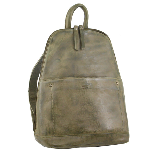 Milleni Ladies Genuine Italian Leather Backpack Bag Twin Zip - Olive-1