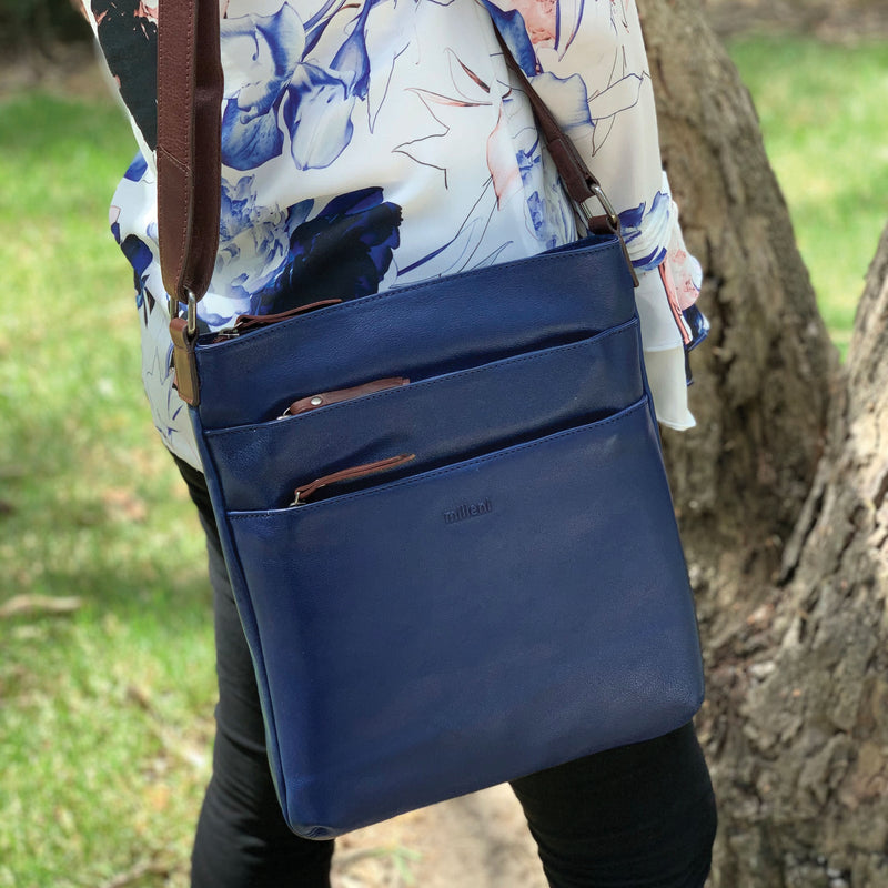 Load image into Gallery viewer, Milleni Womens Italian Leather Bag Soft Nappa Leather Cross-Body Travel - Indigo/Chestnut-4
