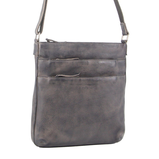 Milleni Ladies Nappa Leather Zip Closure Cross Body Bag Travel - Slate-0
