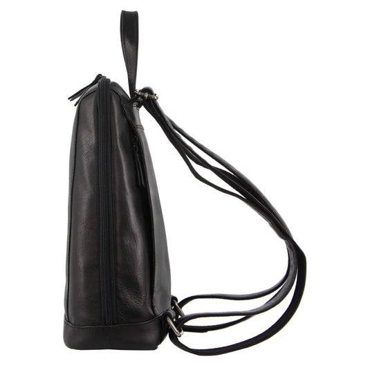 Milleni Ladies Nappa Leather Bag Twin Zip Backpack w/ Zipped Pocket - Black-2