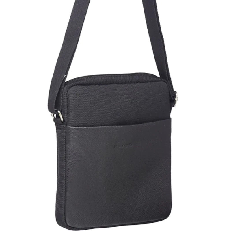 Load image into Gallery viewer, Pierre Cardin Mens Italian Leather iPad Cross Body Bag with Nylon Trim- Black-1
