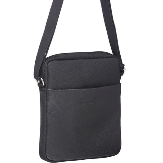 Pierre Cardin Mens Italian Leather iPad Cross Body Bag with Nylon Trim- Black-1