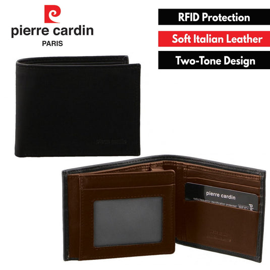 Pierre Cardin Italian Genuine Leather Mens Two Tone Bi Fold Wallet- Black/Cognac-1