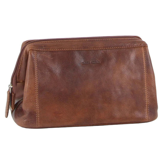 Pierre Cardin Mens Rustic Leather Toiletry Case Bag Travel - Cognac-0
