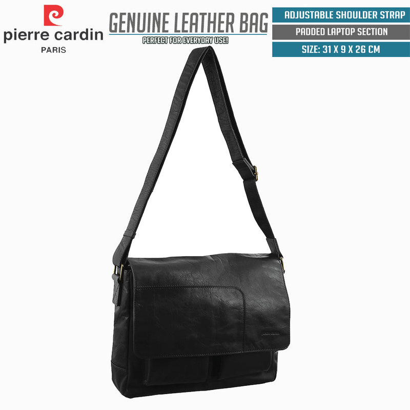 Load image into Gallery viewer, Pierre Cardin Genuine Leather 13&quot; Laptop Computer Messenger Sling Bag Travel Business - Black-1

