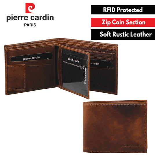 Pierre Cardin Mens Soft Rustic Leather RFID Protected Wallet - Cognac-2