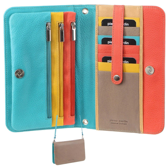 Pierre Cardin Genuine Leather Ladies Wallet Clutch Bag - Taupe/Turquoise-2