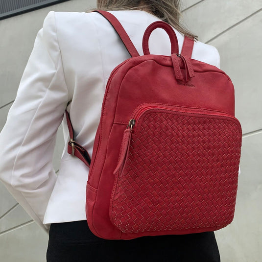 Pierre Cardin Womens Woven Soft Leather Backpack Bag Travel - Red-2