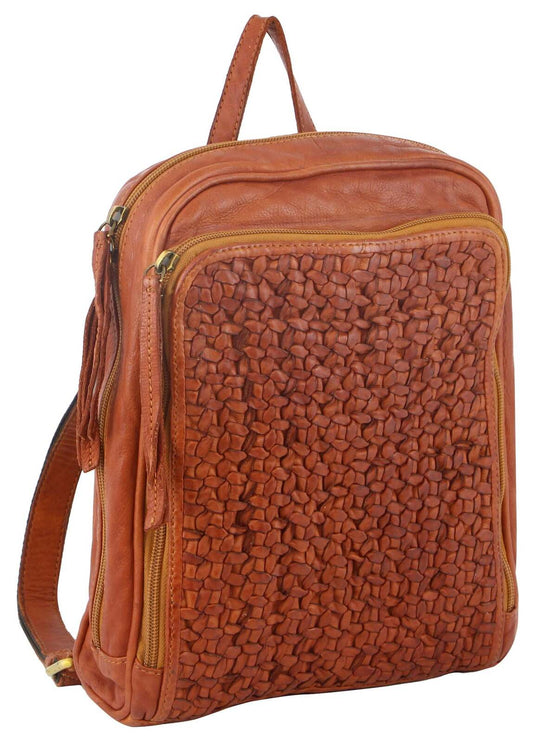 Pierre Cardin Woven Leather Ladies Backpack Bag Travel Satchel Zip - Cognac-0