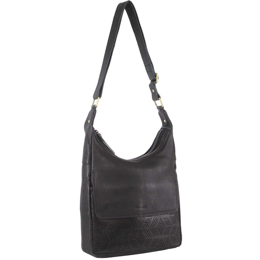 Pierre Cardin Womens Large Leather Multi Zip Perforated Cross-Body Bag - Black-0