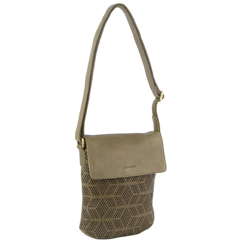 Load image into Gallery viewer, Pierre Cardin Leather Perforated Cross-Body Bag with Flap Closure - Olive-1
