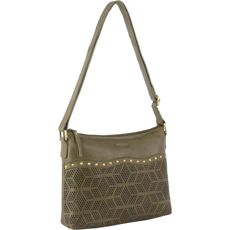Load image into Gallery viewer, Pierre Cardin Womens Leather Perforated Cross Body Bag w/ Stud Detailing Travel - Olive-1
