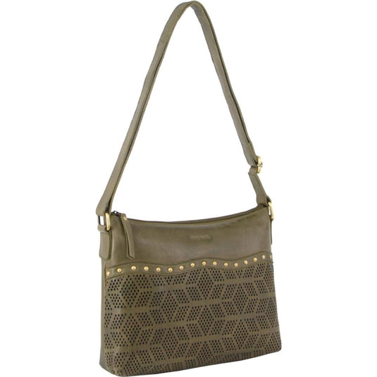 Pierre Cardin Womens Leather Perforated Cross Body Bag w/ Stud Detailing Travel - Olive-0