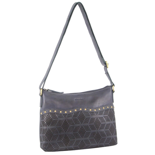 Pierre Cardin Womens Leather Perforated Cross-Body Bag with stud Detailing - Teal-1