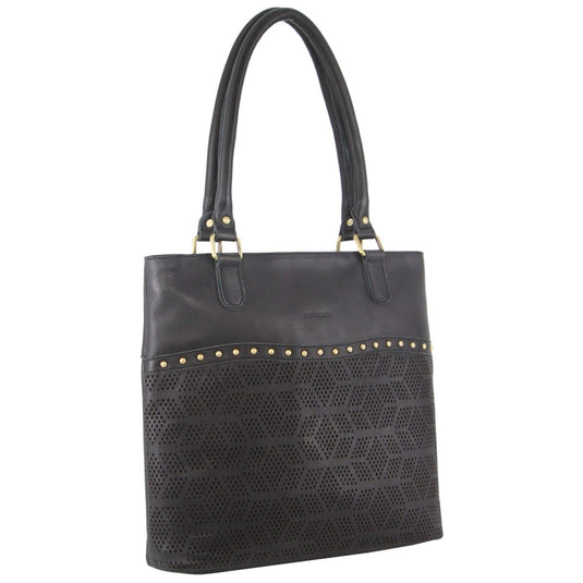 Pierre Cardin Womens Leather Perforated Shoulder Bag with stud Detailing - Black-0