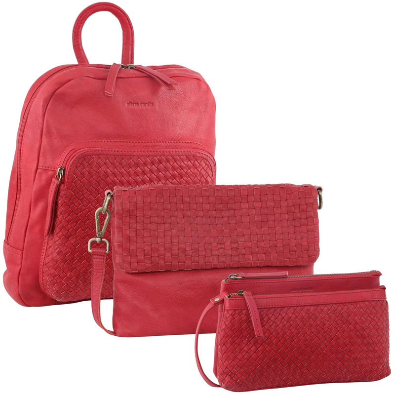 Load image into Gallery viewer, 3PC Set Pierre Cardin Womens Woven Leather Cross-Body Bags + Backpack - Red-0

