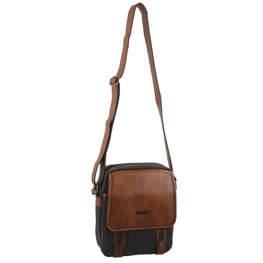 Pierre Cardin Unisex Canvas Cross Body Messenger Bag Satchel Sling Pack - Black/Cognac-2