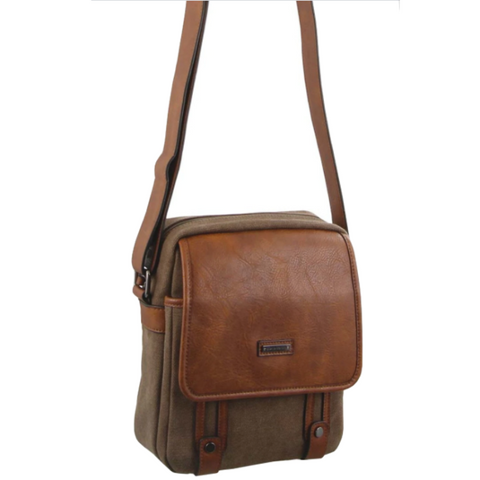 Pierre Cardin Unisex Canvas Cross Body Messenger Bag Satchel Sling - Brown/Cognac-1