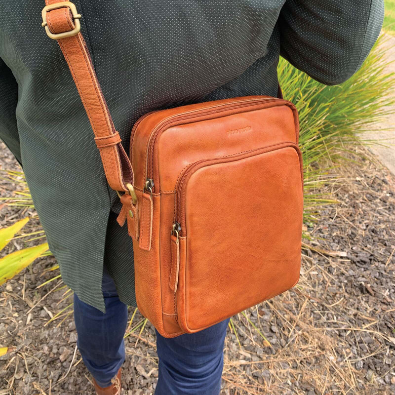 Load image into Gallery viewer, Pierre Cardin Italian Leather Tablet Bag Messenger Cross Body - Cognac-2
