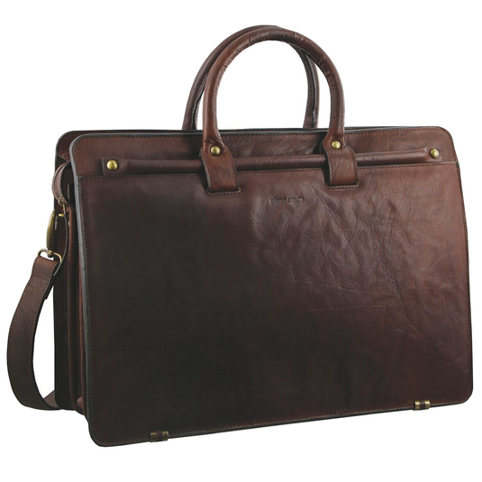 Pierre Cardin Mens Rustic Leather 15" Laptop Computer Shoulder Bag Handbag Briefcase - Chestnut-0