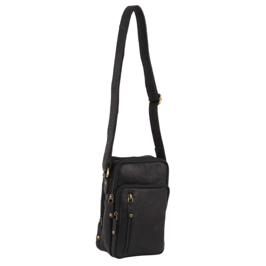 Pierre Cardin Rustic Leather Cross Body Bag Messenger Mens Satchel Day Pack - Black-2